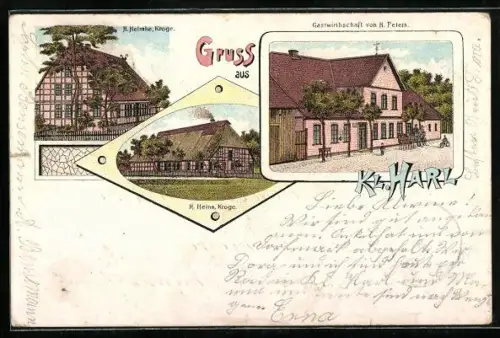 Lithographie Kl. Harl, Gasthaus von H. Peters, H. Helmke und H. Heins