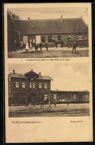 AK Hope /Fallingbostel, Gasthaus von Ww. Wilh. Bünger, Bahnhof