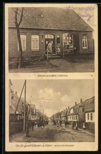 AK Hülsen a. Aller, Kaufhaus Wilh. Heims, Partie in der Koloniestrasse