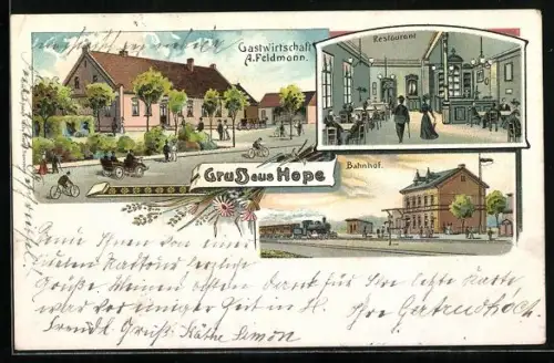 Lithographie Hope / Fallingbostel, Gasthaus von A. Feldmann, Bahnhof
