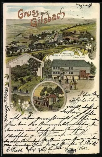 Lithographie Gilsbach, Gasthaus von Heinr. Scholl Grube Conrads-Zeche, Grube Victoria Rega