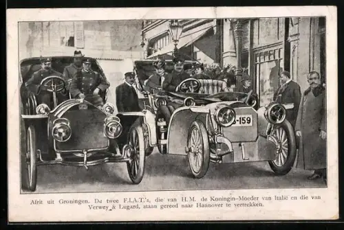 AK Groningen, De twee FIAT`s, die van H.M. de Koningin-Moeder van Italie en die van Verwey & Lugard, Auto