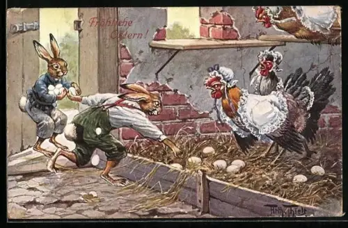Künstler-AK Arthur Thiele: Osterhasen stehlen Eier aus dem Hühnerstall