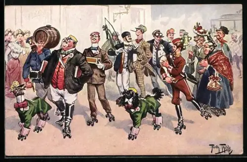 Künstler-AK Arthur Thiele: Gesellschaft auf Rollschuh