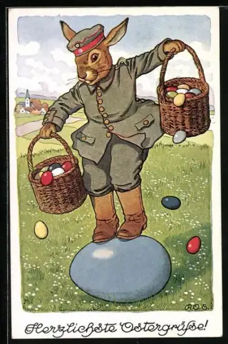 Künstler-AK P. O. Engelhard (P.O.E.): Herzlichste Ostergrüsse!, Osterhase balanciert auf einem Ei