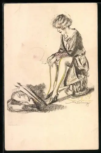Künstler-AK Max Brüning: Hübsche Dame im Morgenmantel in Gedanken