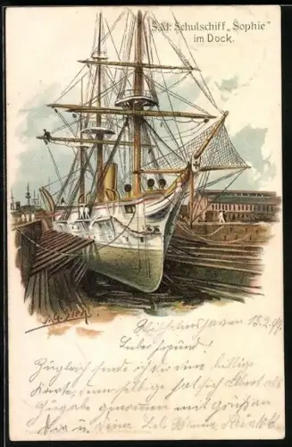 Künstler-AK S.M. Schulschiff Sophie im Dock