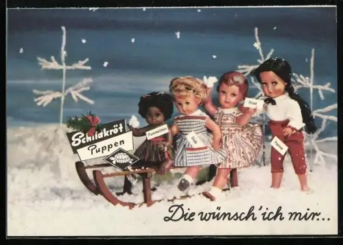 AK Schildkröt-Puppen auf Schlitten, Reklame