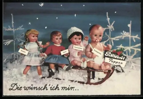 AK Schildkröt-Puppen auf Schlitten, Reklame