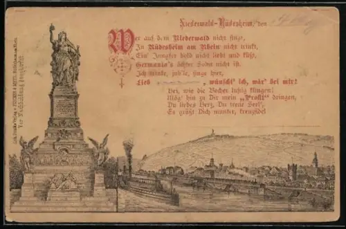 Vorläufer-Lithographie Rüdesheim a. Rh., 1888, Niederwald-Denkmal mit Stadtpanorama