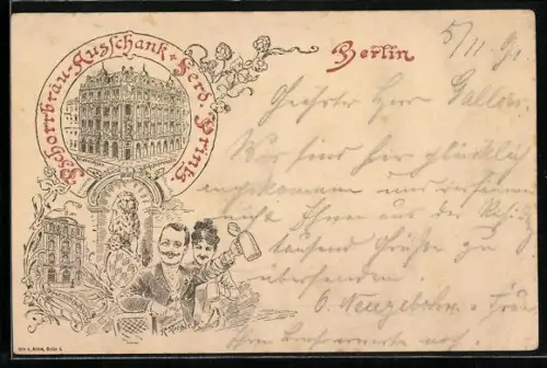 Vorläufer-AK Berlin, 1891, Pschorrbräu-Ausschank, Friedrichsstrasse Ecke Behrenstrasse, Ferd. Prinz, Ganzsache