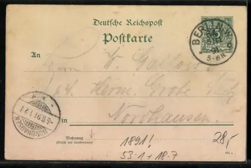 Vorläufer-AK Berlin, 1891, Pschorrbräu-Ausschank, Friedrichsstrasse Ecke Behrenstrasse, Ferd. Prinz, Ganzsache