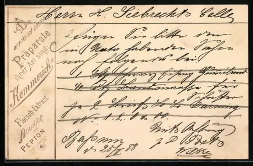 Vorläufer-AK Ganzsache Frech unbekannt, 1888, Reklame für Fleisch-Extract Bouillon und Pepton
