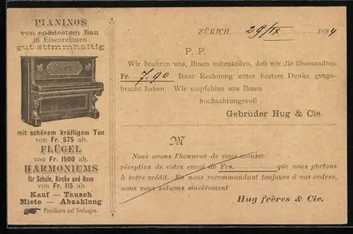 Vorläufer-AK Zürich, 1894, Korrespondenzkarte Gebrüder Hug & Cie., Pianinos, Flügel und Harmoniums