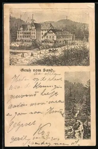 Vorläufer-Lithographie Bühl /Baden, Gruss vom Sand, 1895, Kurhotel Maier mit Besuchern, Wasserfall