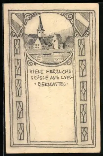 Künstler-AK Handgemalt: Berncastel, Ortsansicht mit Kirche im Rahmen mit Wappen