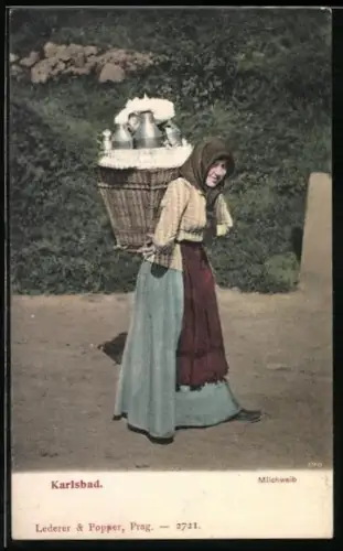AK Karlsbad, Milchweib mit einem Korb auf dem Rücken