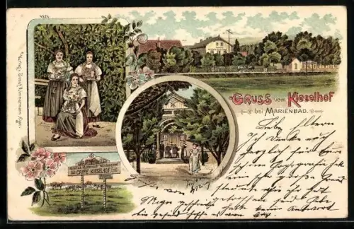 Lithographie Marienbad, Gasthaus Kieselhof, Drei Frauen in Trachten