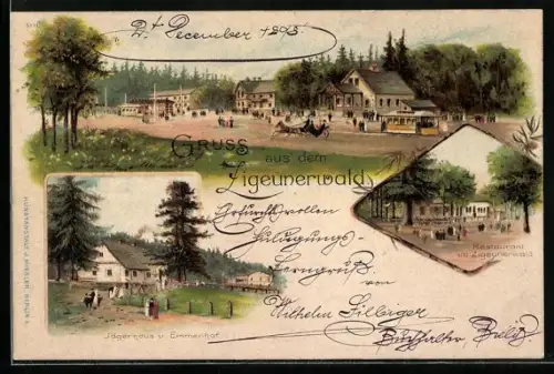 Lithographie Bielitz, Gasthaus Zigeunerwald, Jägerhaus & Emmenhof