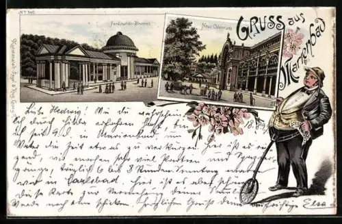 Lithographie Marienbad, Neue Colonnade, Ferdinands-Brunnen