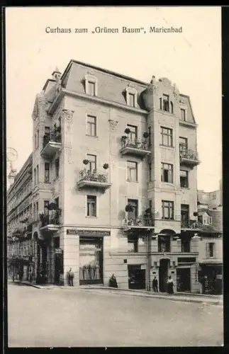 AK Marienbad, Curhaus zum Grünen Baum mit Geschäft Maison Pesser