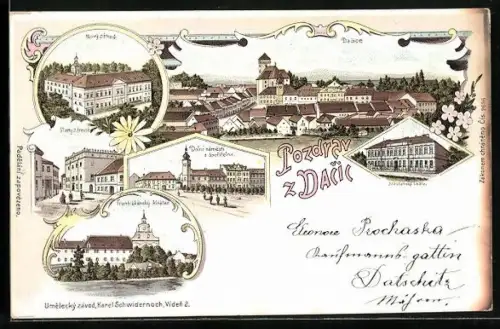 Lithographie Dacice, Nový zámek, Mestanská skola, Dolní námesti a Sporitelna