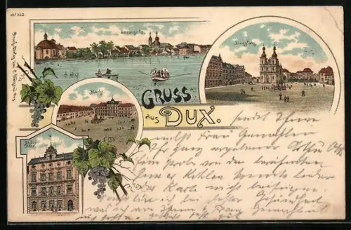 Lithographie Dux / Duchcov, Stadt-Hotel, Ringplatz, Markt, Ruderboote