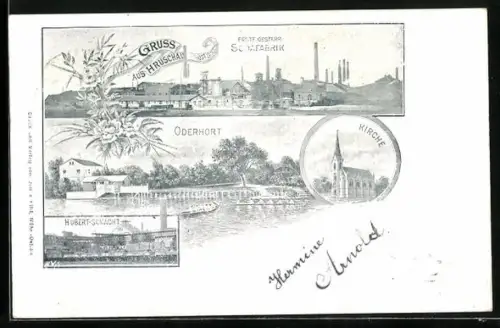 AK Hruschau /Öst. Schl., Erste Oesterr. Sodafabrik, Hubert-Schacht und Oderhort