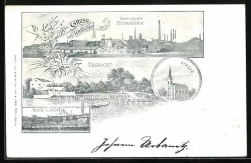 AK Hruschau /Öst. Schl., Sodafabrik, Oderhort, Hubert-Schacht und Kirche