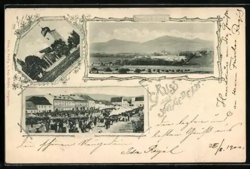 AK Neugedein, Ortsansicht mit Fabrik, Dekanalkirche, Marktplatz mit Ständen