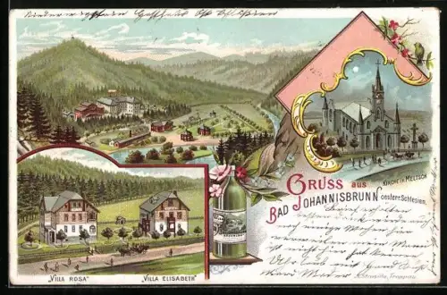 Lithographie Bad Johannisbrunn /oesterr. Schlesien, Kirche in Meltsch, Villa Rosa, Villa Elisabeth