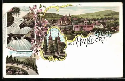 Lithographie Haindorf, Kirche, Stolpichstrasse, Stolpichfall