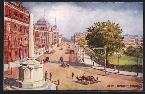 Künstler-AK Calcutta, Houwell Monument, Strassenbahn