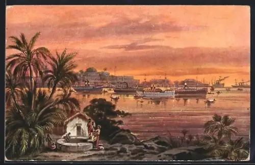 Künstler-AK Panoramablick mit Frauen am Brunnen und Blick auf Dampfschiffe