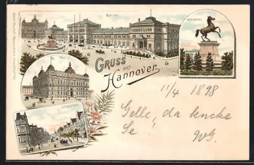 Lithographie Hannover, Bahnhof, Post, Königsstrasse, Sachsenross