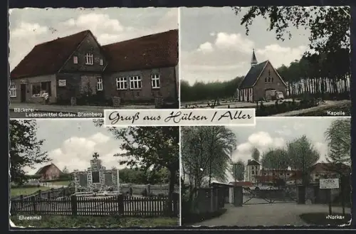 AK Hülsen /Aller, Bäckerei Lebensmittel Gustav Bösenberg, Kapelle, Ehrenmal, Norka