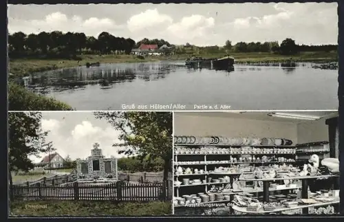 AK Hülsen /Aller, Partie an der Aller, Ehrenmal, Ausstellungsraum der Firma Otto Schöne