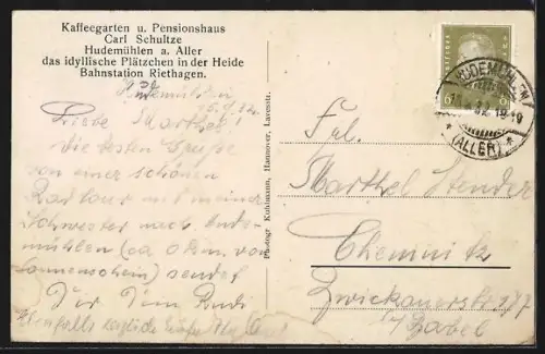 AK Hudemühlen a. Aller, Kaffeegarten und Pensionshaus Carl Schultze mit Blick auf die Aller