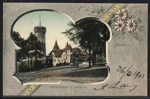 AK Barmen, Kriegerdenkmal und Stadthalle, Blumen-Passepartout