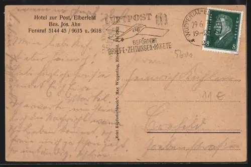 AK Elberfeld, Hotel zur Post, Speisesaal, Bes. Jos. Ahn