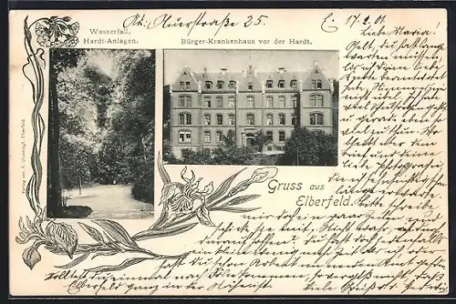 AK Elberfeld, Wasserfall, Hardt-Anlagen, Bürger-Krankenhaus vor der Hardt