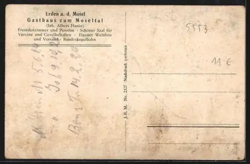 AK Erden a. d. Mosel, Gasthaus zum Moseltal, Inh. Albert Hanio, Moselansicht