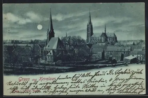Mondschein-AK Kevelaer, Stadtansicht mit Kirchen