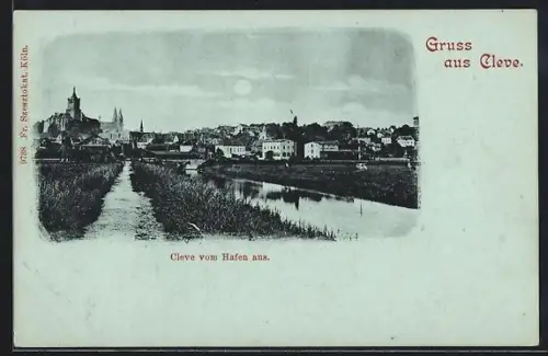 Mondschein-AK Cleve, Blick vom Hafen auf Stadt und Kirche