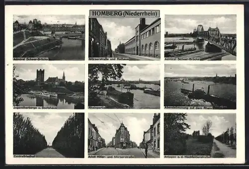 AK Homberg /Niederrhein, Admiral-Scheer-Brücke, Möserstrasse und Rathaus, Strasse