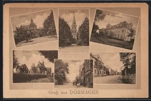 AK Dormagen, Rathaus, kath. Kirche, Krankenhaus, Hauptstrasse