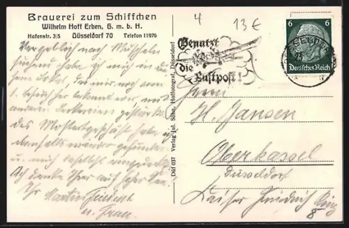 AK Düsseldorf, Brauerei zum Schiffchen, Innenansicht, Bes. Wilhelm Hoff Erben, Hafenstrasse 3-5