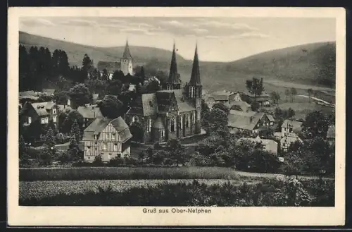 AK Ober-Netphen, Ortsansicht mit Kirche und Fachwerkhäusern