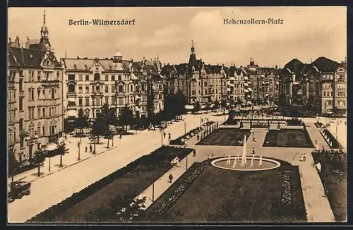 AK Berlin-Wilmersdorf, Hohenzollern-Platz, Platzansicht mit Brunnen und Wohnhäusern