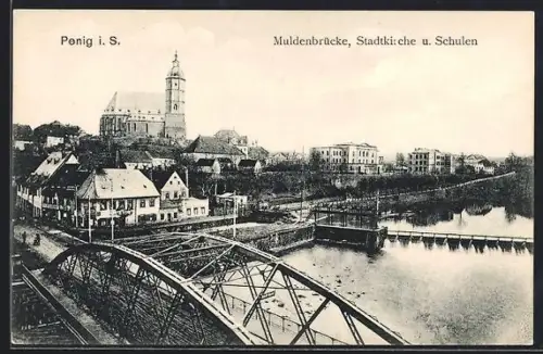 AK Penig i. S., Muldenbrücke, Stadtkirche, Schulen